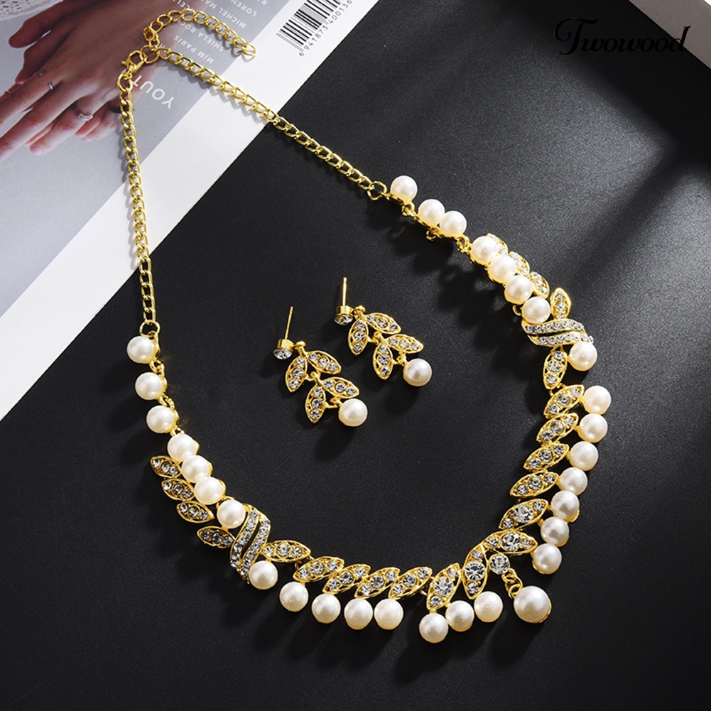 Twowood Faux Pearl Rhinestone Leaf Menjuntai Anting Kalung Bridal Set Perhiasan Pernikahan