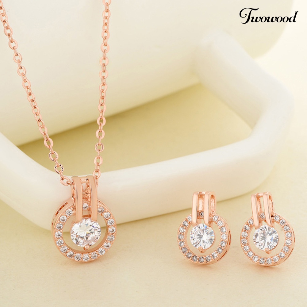 Twowood Wanita Full Cubic Zirconia Berongga Bulat Liontin Kalung Stud Earrings Set Perhiasan