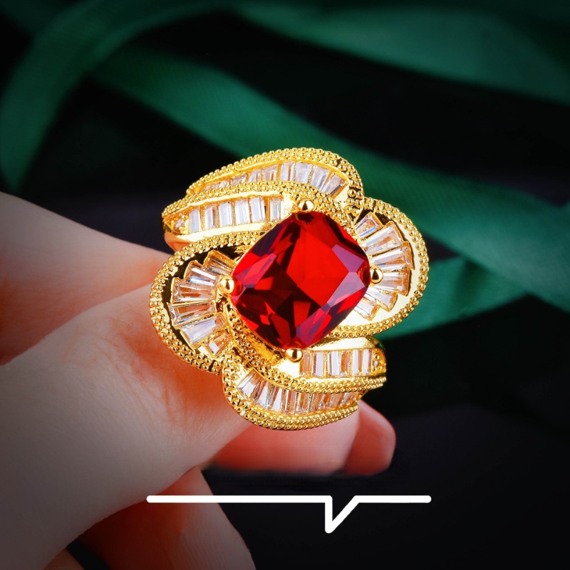 Goldkingdom Aksesoris Perhiasan Fashion Ready Stock Gaya Istana Retro Bola Pinggiran Butch Style Latice Square Diamond Ruby Colorful Ring.