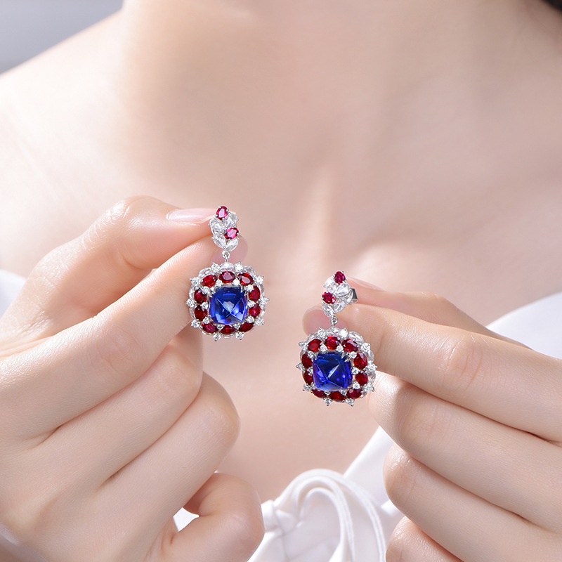 Goldkingdom Fashion Perhiasan Aksesoris Ready Stock Definisi Tinggi Perhiasan Desainer's Alami Tanzanite Sugar Tower Earrings Ruby Earrings Anting Panjang