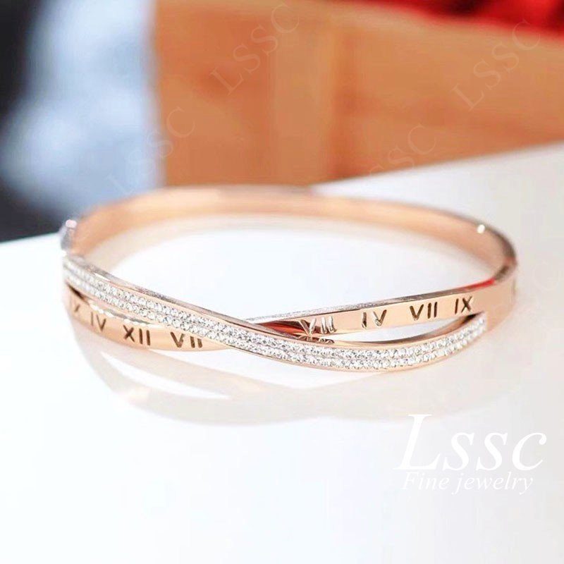 Gelang Titanium Wanita Anti Karat Salib Permata Berlian Emas 18K Cantik Mewah Fashion Korea Dewasa Bangle Aksesoris Perhiasan