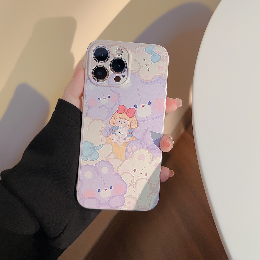 IPHONE Kartun Putri Salju Putih Ungu Muda Perlindungan Penuh Casing Ponsel Cover Manik-Manik Hati Liontin Untuk Iphone11 12 13 14 PLUS PRO MAX