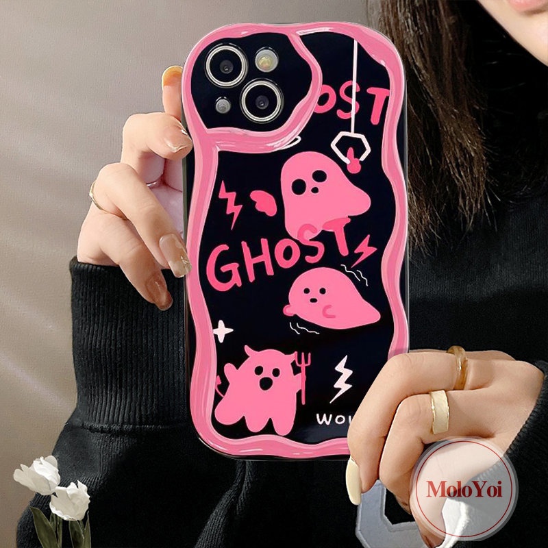 Case Pink Hantu Lucu Kompatibel Untuk IPhone 7Plus XR 11 8 6s 6 7Plus 13 12 14 Pro Max X XS Max SE 2020 3D Wavy Curved Edge Soft Tpu Glossy Shockproof Phone Cover