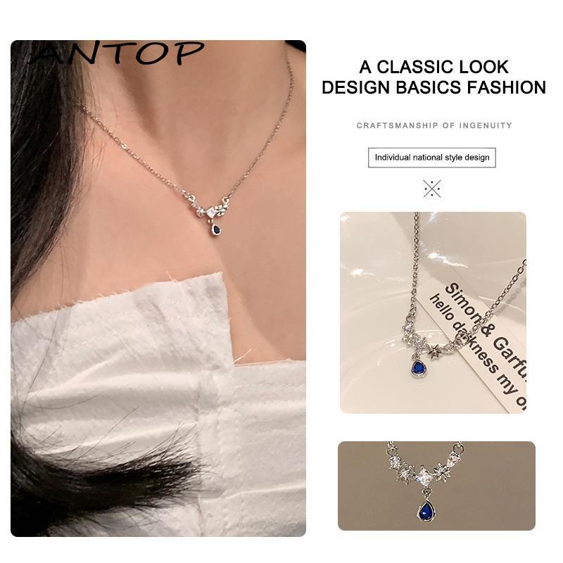 【antop】Blue Zircon Water Drop Kalung Wanita Ringan Mewah Manis Keren Temperamen Rasa Maju