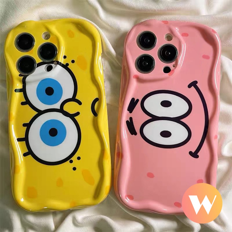 IPHONE Casing Glossy Tepi Melengkung Bergelombang 3D Kompatibel Untuk Iphone11 13 12 14 Pro Max 7Plus XR 6 7 6s 8 Plus X XS Max SE 2020 Kartun Lucu SpongeBob Patrick Star Shockproof Airbag Soft Cover