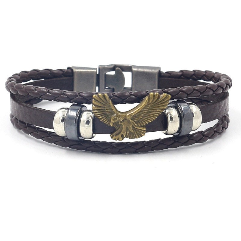 [Z H Perhiasan] Vintage Rock Eagle Kulit Asli Gelang Pria Dan Wanita Fashion Anti Karat Multilayer Manik-Manik PU Gelang Punk Pesta Perhiasan Aksesoris