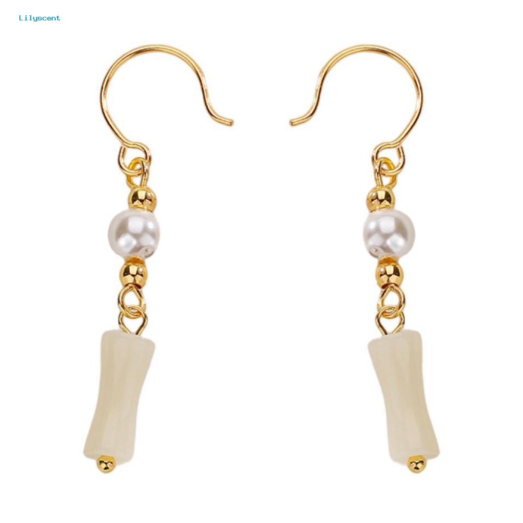 Lilyscent 1pasang Padat Wanita Anting Fashion Perhiasan Putih Imitasi Giok Bambu Bersama Women Earrings Faux Pearl Bead