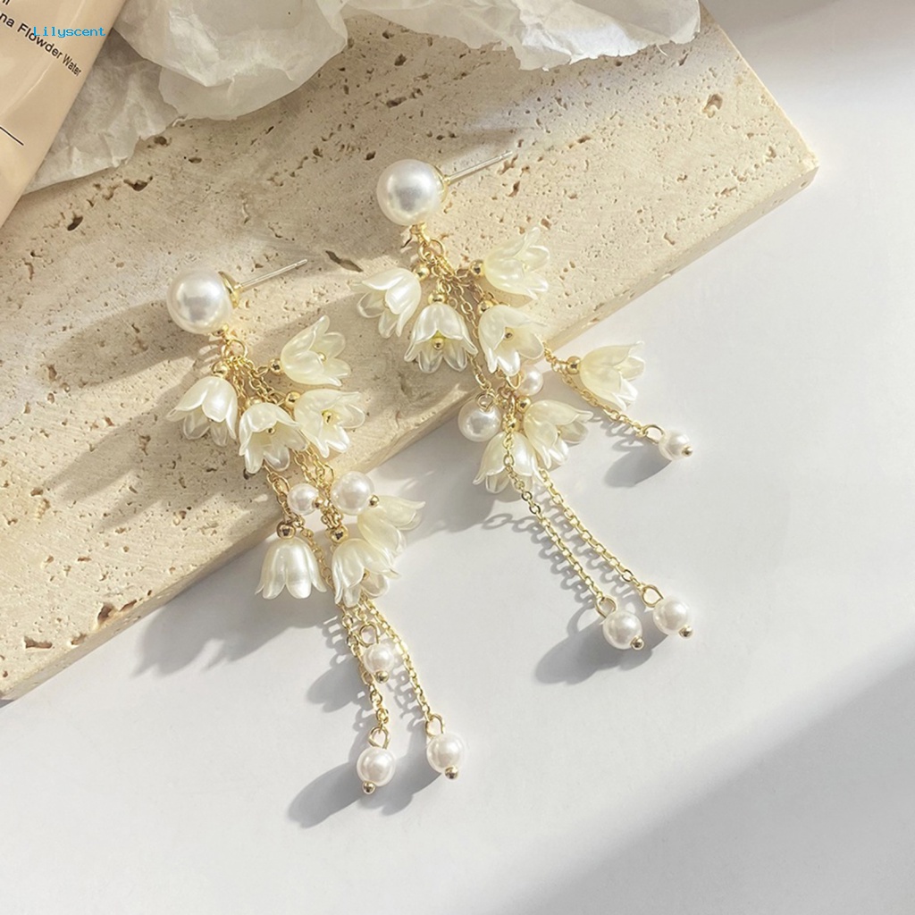 Lilyscent 1pasang Burrs-free Tassel Earrings Untuk Pacaran Lady Elegan Rantai Panjang Rumbai Anting Bunga Liontin