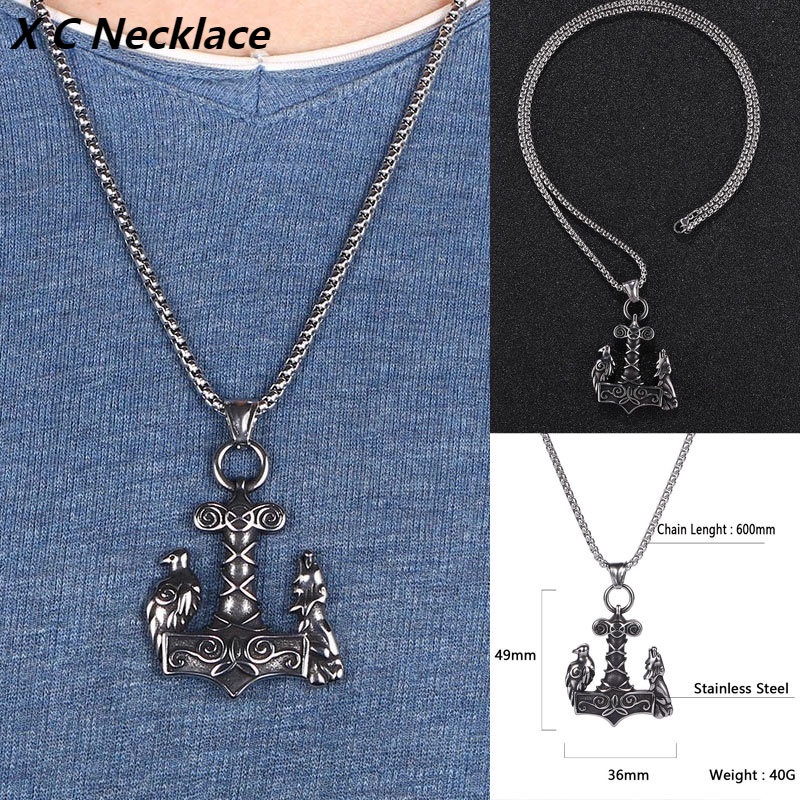 [X C Kalung] Baru Silvery Vintage Viking Logo Thor Palu Gagak Dan Serigala Liontin Punk Hip Hop Stainless Steel Kalung Hadiah Pesta Ulang Tahun Untuk Pria Dan Wanita