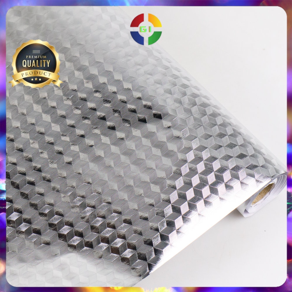 Wallpaper Anti Minyak Aluminium Foil Waterproof 300x60cm Cubic Silver