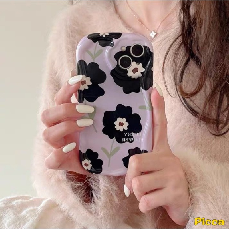 Casing Tepi Melengkung Bergelombang 3D Kompatibel Untuk IPhone 7Plus XR 78 6s 6plus 11 13 14 12 Pro Max X XS Max SE 2020 Ins Retro Black Flower Airbag Glossy Shockproof Soft Tpu Purple Cover