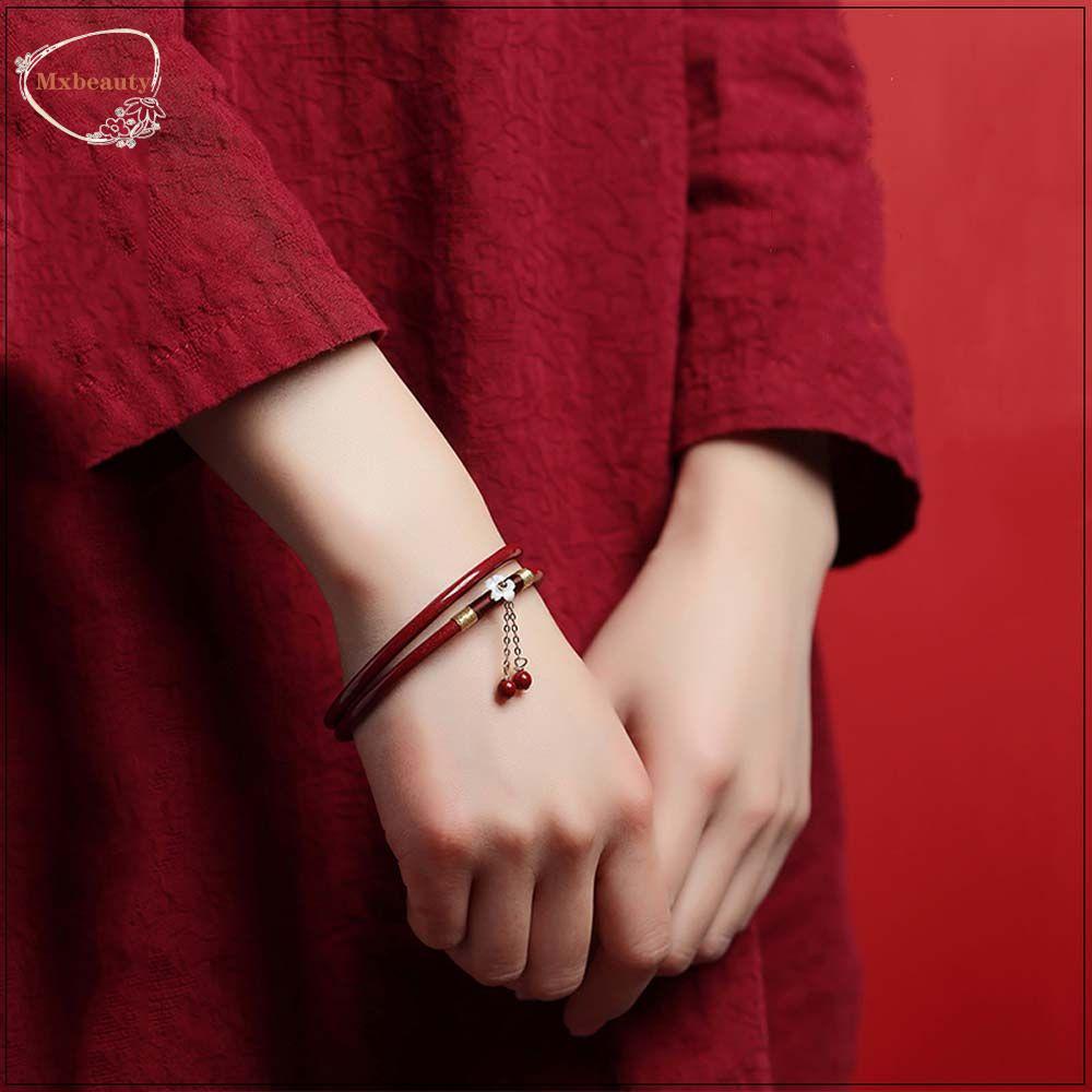 Mxbeauty Vermilion Merah Gelang Mewah 2 Pcs/Set Bunga Gaya Nasional Natal Tahun Hadiah Gaya Cina Perhiasan Gadis Wanita Bangles