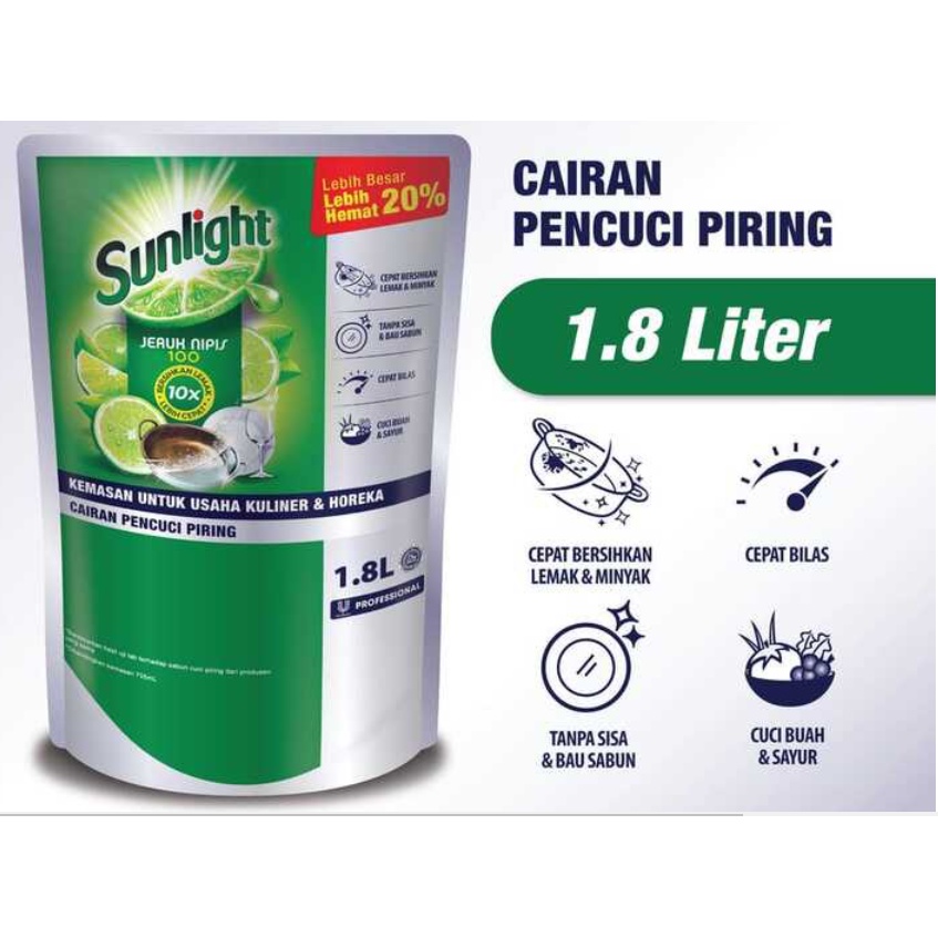 Sunlight Professional Sabun Cuci Piring Sunlight Sabun Cair Jeruk Nipis Lime 1,8 L Pouch Sunlight Profesional Sun Light