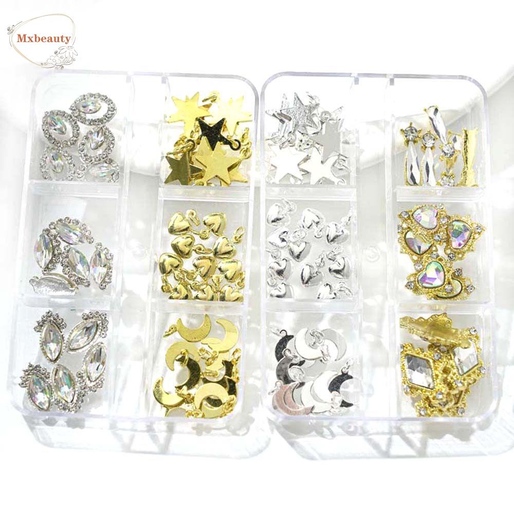 Mxbeauty Nail Art Rhinestones Fashion Warna Emas Perak Manikur Aksesoris Kuku Bor Bintang Bulan 3D Perhiasan Kuku