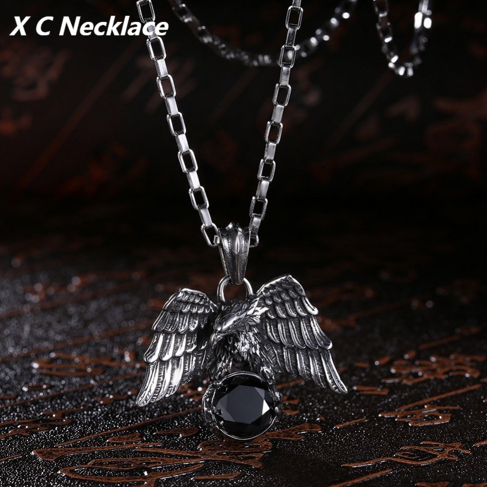 [X C Kalung] Wanita Hip Hop Punk Gothic Vintage Perak Kalung Eagle Ambil Permata Baja Titanium Liontin Rock Pesta Fashion Perhiasan