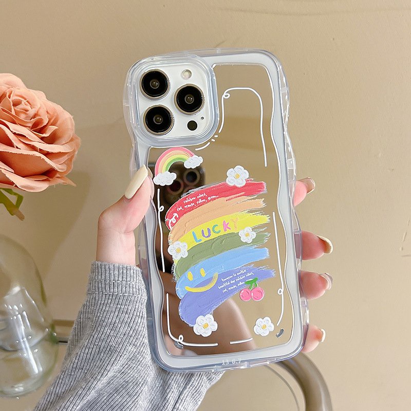 【Shock Proof Mirror】Wave Silicone Soft Case Iphone 6S 7 8 Plus X XR XS Max IPhone 11 12 13 14 Pro Max 14 Plus 7+ 8+ 12 13 mini for Women Girl Ins Rainbow Smile