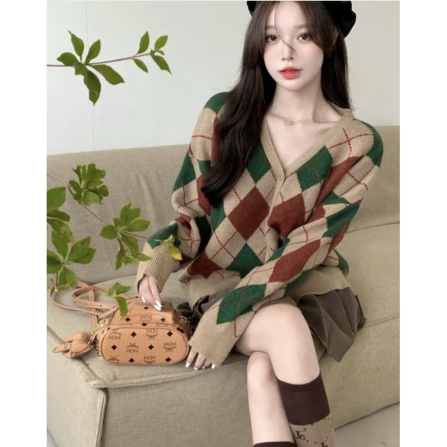 IMPORT NAMRA WOMAN KNIT ARGYLLE CARDIGAN KOREAN STYLE KARDIGAN RAJUT WANITA MUSIM DINGIN