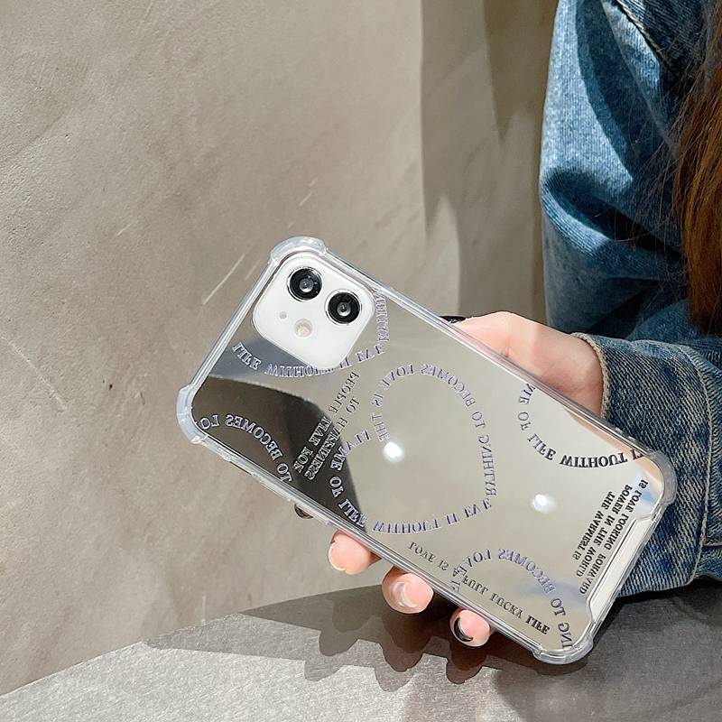 【Anti Fall Mirror】Pretty Silver Makeup Silicone Soft Case Iphone 6S 7 8 Plus X XR XS Max IPhone 11 12 13 14 Pro Max 14 Plus 7+ 8+ 12 13 mini for Women Girl Ins English Love