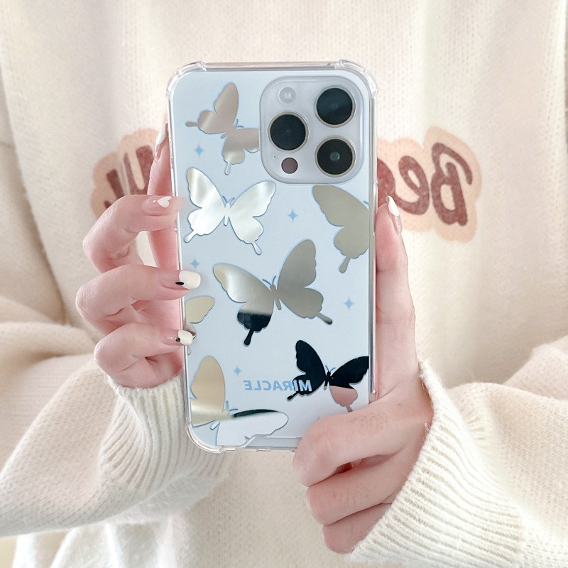 [Anti Jatuh Cermin] Pretty Silver Makeup Silikon Soft Case IPhone 6S 7 8 Plus X XR XS Max IPhone 11 12 13 14 Pro Max 14 Plus7+8+12 13 mini Untuk Wanita Cewek Pretty Butterfly