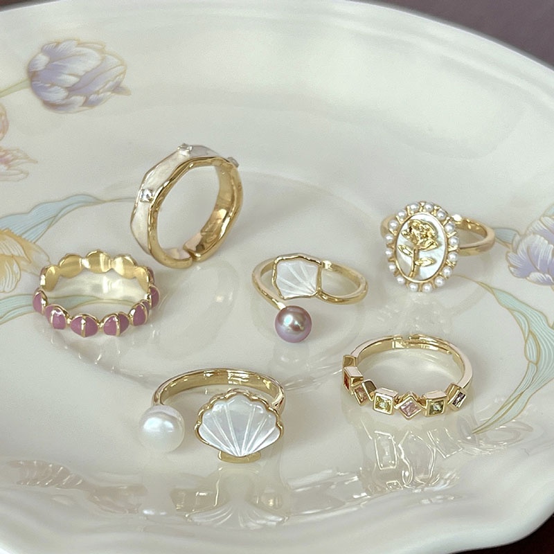 Cincin Bukaan Geometris Bunga Berlian Imitasi Mutiara Alloy Korea Untuk Anak Perempuan