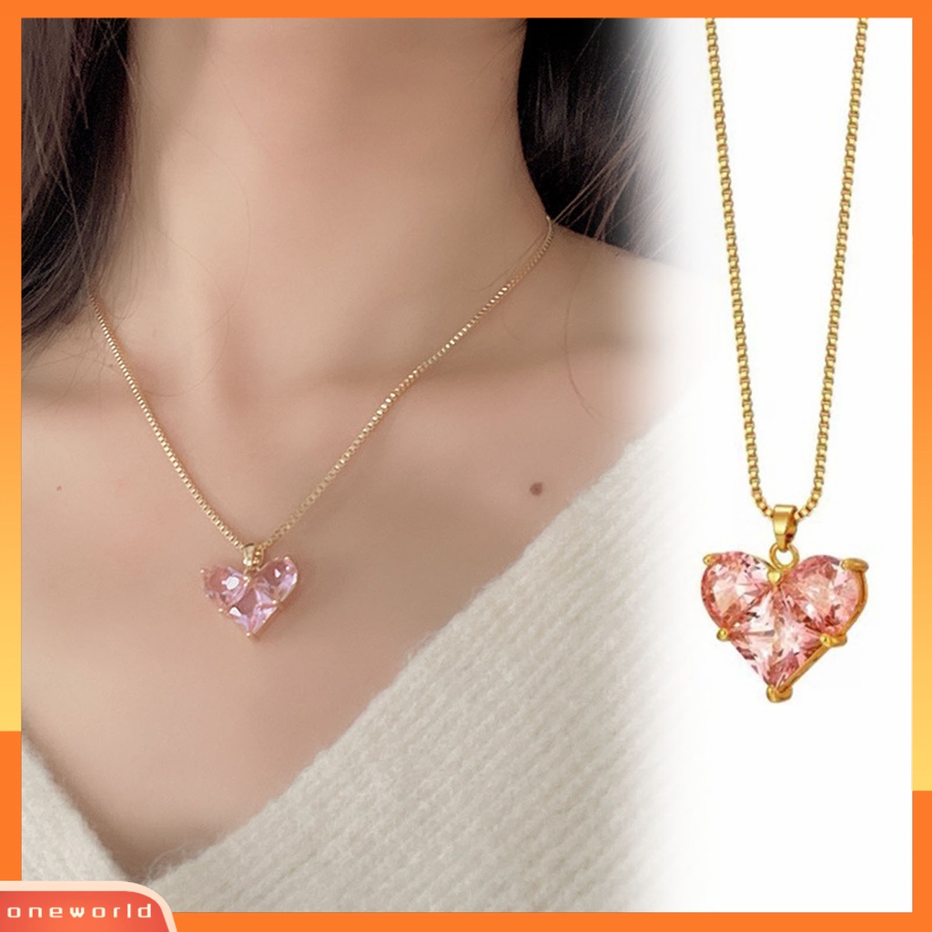 [ONE] Ladies Kalung Cubic Zirconia Bersinar Bentuk Geometris Menawan Tahan Aus Dress Up Hypoallergenic Merah Muda Bentuk Hati Liontin Kalung Perhiasan Aksesori