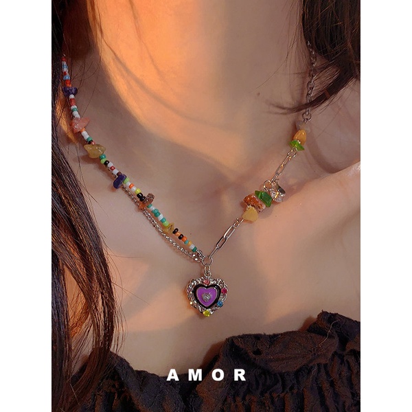 Y2k Manik-Manik Kalung Awan Wajah Tersenyum Cinta Berlian Berwarna Musim Panas Manis Keren Colorful bead lovely Niche design