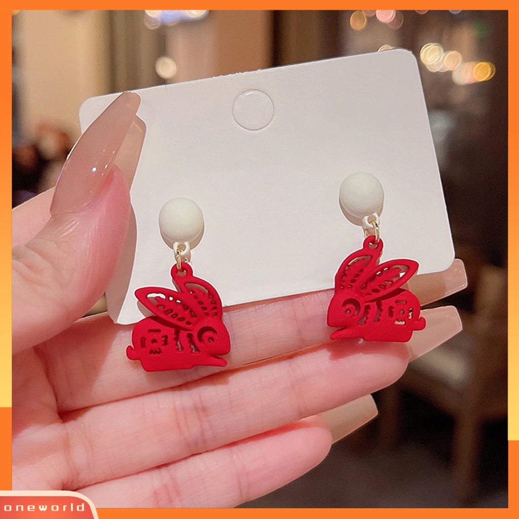 [EONE] 1pasang Anting Menjuntai Kelinci Dekorasi Karakter Cina Romantis Menguntungkan Mutiara Imitasi Hiasan Telinga Vintage Cina Merah Cutting Paper Rabbit Earrings Aksesoris Pakaian