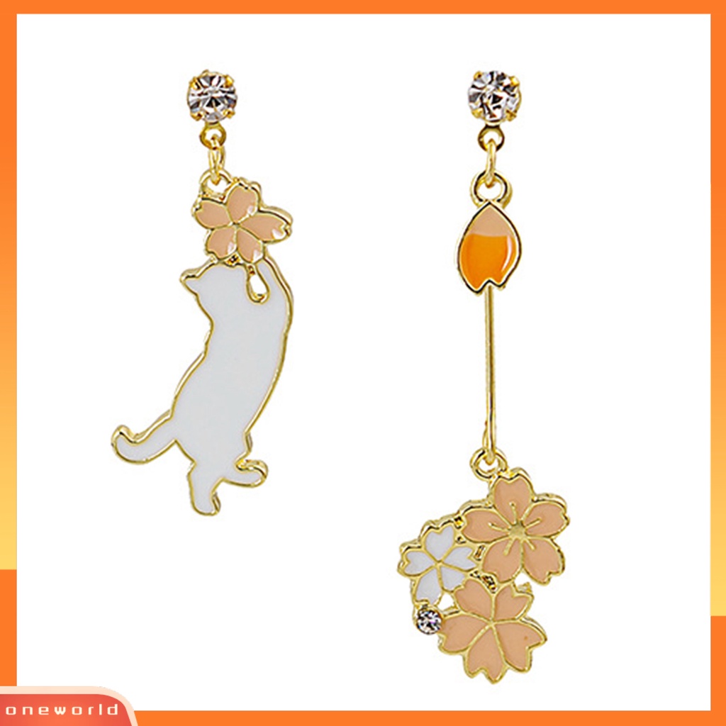 [EONE] 1pasang Drop Earrings Kartun Asimetris Electroplating Liontin High Gloss Hiasan Telinga Tahan Luntur Fashion Wanita Anak Bunga Telinga Kucing Studs Untuk Pakaian Sehari-Hari