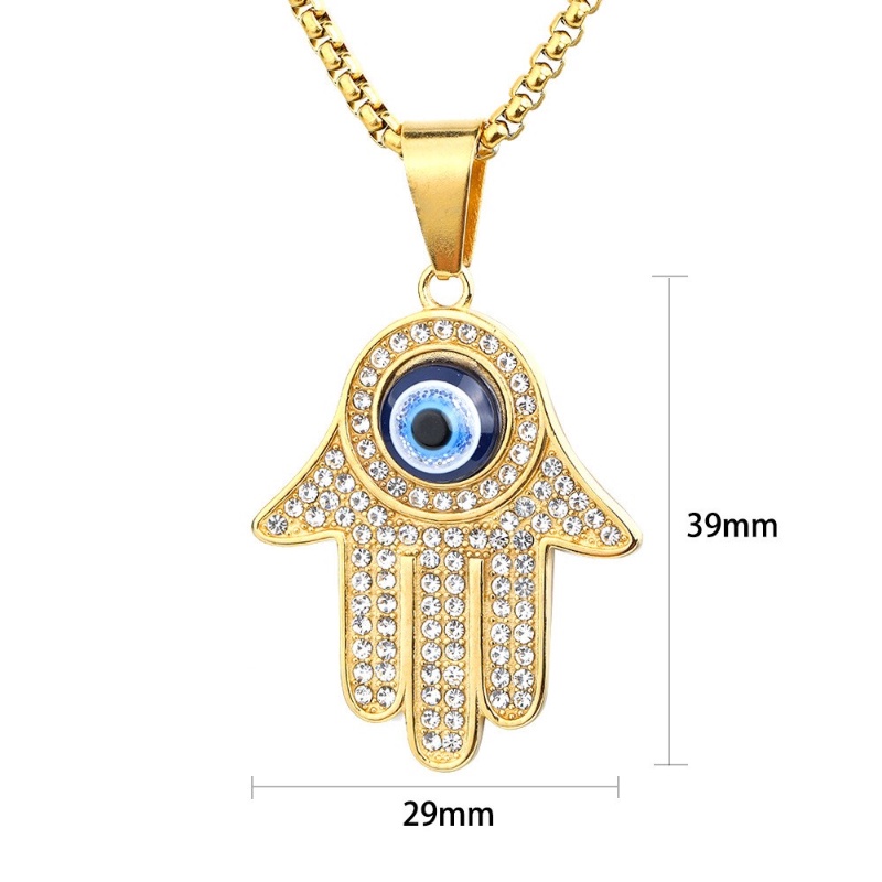 [Z H Perhiasan] Vintage 18K Emas Fatima Beruntung Palm Setan Mata Permata Fashion Pria Anti Karat Liontin Kalung Liontin Hip Hop Pesta Baja Titanium Perhiasan Aksesoris