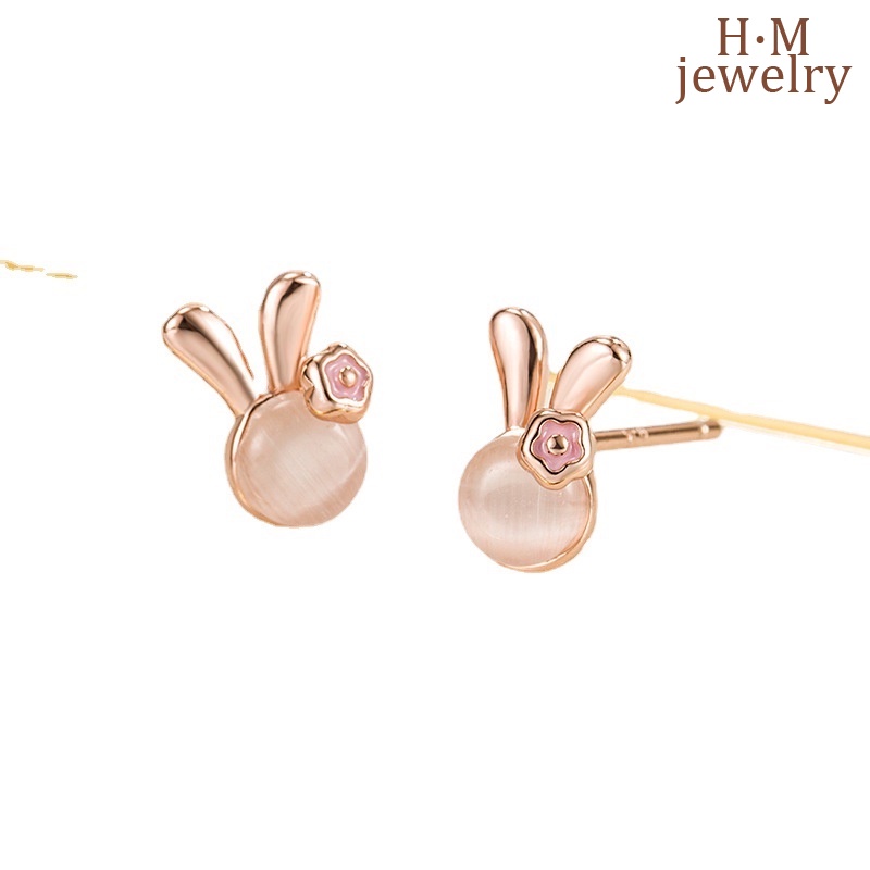 S925 Perak Opal Rabbit Stud Earrings Lucu Dan Kompak Manis Aksesori