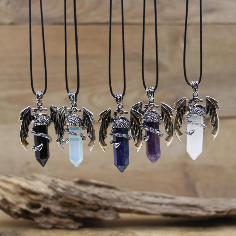 Lily Dragon Man Kalung Quartz Lapis Permata Batu Vintage Perhiasan