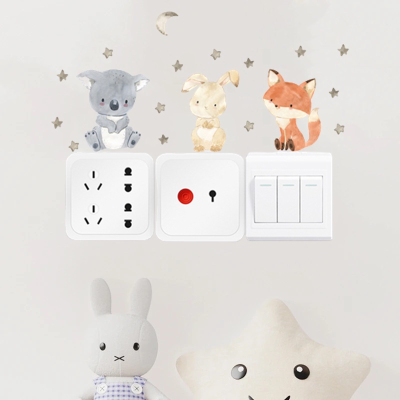 6 Pcs/Lembar Cat Air Kartun Hewan Lucu Stiker Dinding Saklar Stiker Kamar Anak Bayi Nursery PVC Wall Decals Dekorasi Rumah