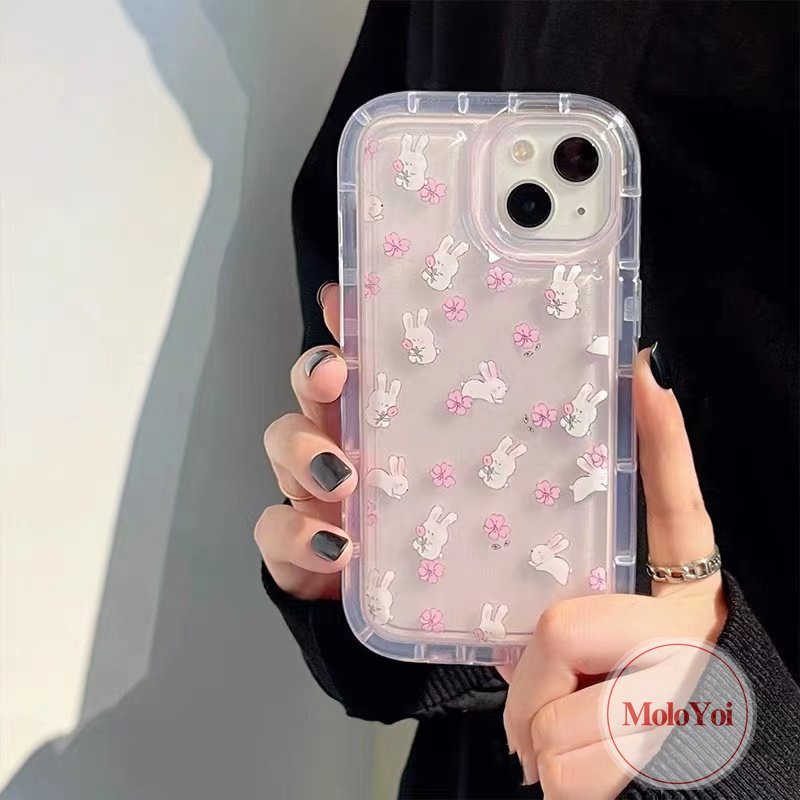 IPHONE Lucu Kartun Kelinci Cover Kompatibel Untuk Iphone11 7Plus 8Plus XR 14 13 12 Pro MAX 6 6S Plus X XS MAX Ins Fresh Flower Airbag Shockproof Transparan Tpu Soft Phone Shell Case