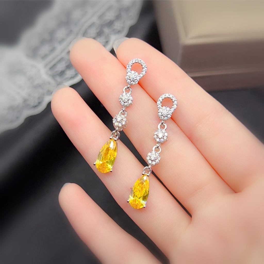 Goldkingdom Aksesoris Perhiasan Fashion Ready Stock Butik Anting Kecubung, Perempuan Berlian Bertatahkan, Berlian Kuning Keuangan Anting Panjang