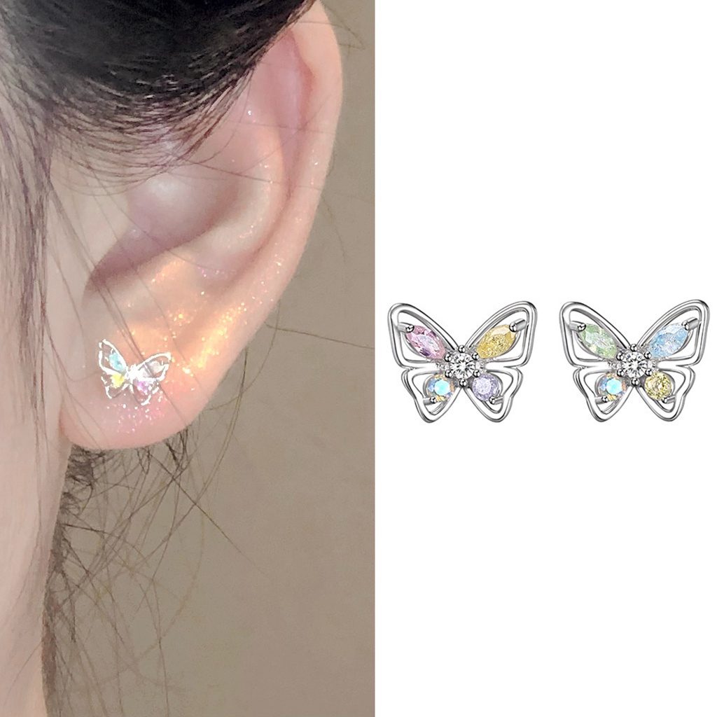 Yeezii Butterfly Stud Earrings Elegan Pink Biru Zirkon Berongga Anting Perak Untuk Perhiasan Wanita Aksesoris Fashion (Tanpa Kotak)