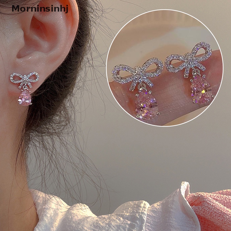 Mornin 1/2pasang Bersinar Pink Zirkon Tetesan Air Busur Stud Anting Perhiasan Hati Romantis id