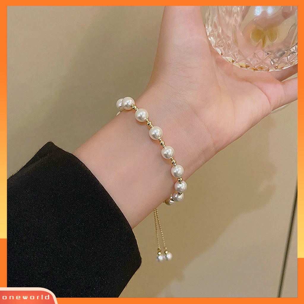 [EONE] Wanita Gelang Manik-Manik Dapat Disesuaikan Elegan Dainty Gaya Sederhana Hadiah Golden High Gloss Mutiara Imitasi Gelang Gadis Fashion Perhiasan