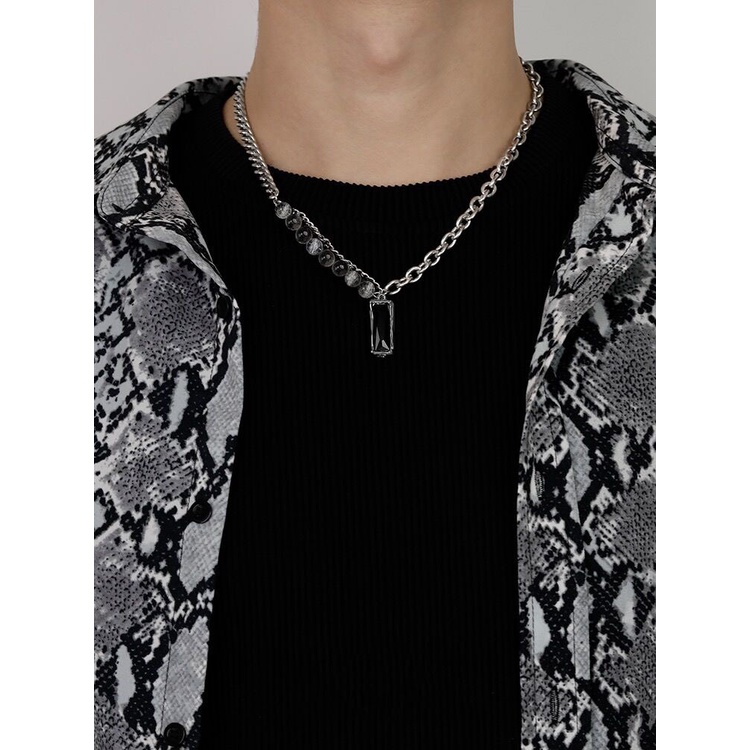 Pria Trendi Niche Desain Permata Hitam Liontin Es Retak Manik Jahitan Kalung Hip Hop Pria Titanium，kalung titanium pria，kalung pria korea