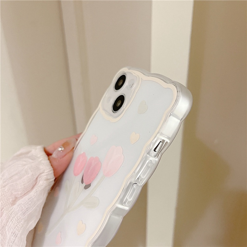 【INS Wave】Pink Tulip Love Soft TPU Case HP iP iPhone 11 12 13 14 Pro Max 7 8 + Plus SE 2020 X XS XR Max Girl Woman Clear FTD Casing Apple