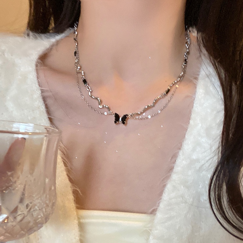 Yeezii Fashion Gelombang Double Layer Kalung Hitam Kupu-Kupu Rantai Perak Choker Untuk Aksesoris Perhiasan Wanita