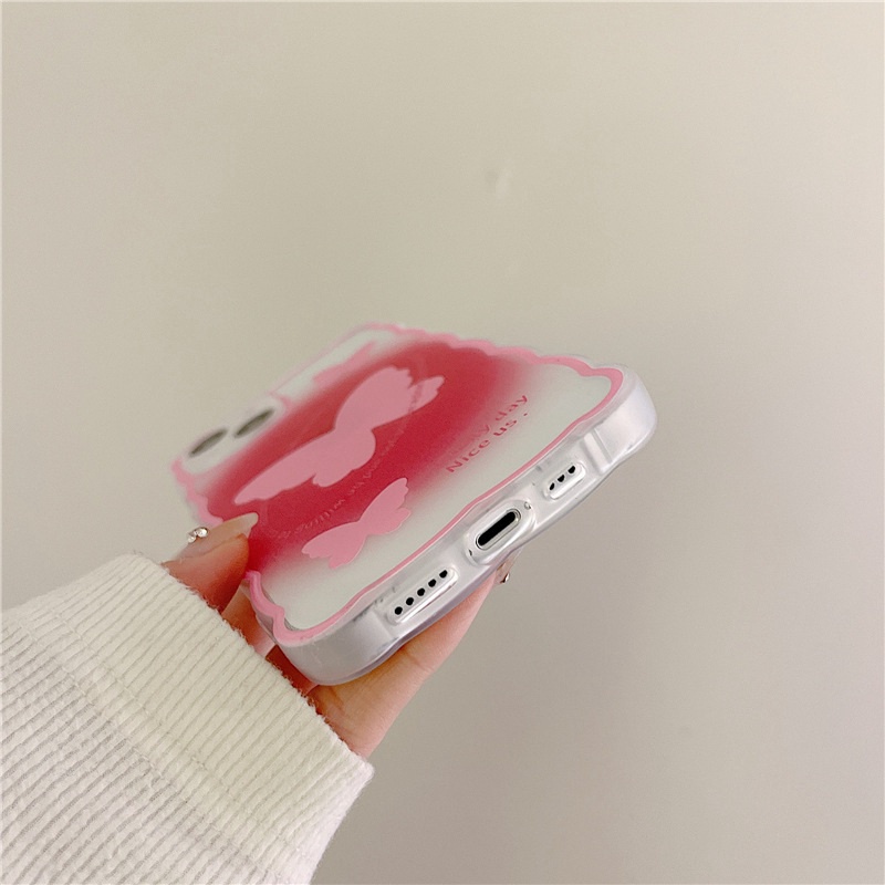 【INS Wave】Pink Butterfly Soft TPU Case HP iP iPhone 11 12 13 14 Pro Max 7 8 + Plus SE 2020 X XS XR Max Girl Woman Clear FTD Casing Apple