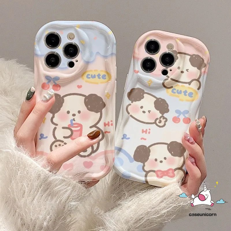 IPHONE Casing Ponsel Kartun Kompatibel Untuk Iphone11 14 12 13 Pro Max XR X7 8 6s 6 Plus XS Max SE 2020 7Plus 8Plus Shockproof Glossy 3D Wavy Curved Edge Cute Dog Soft Cover