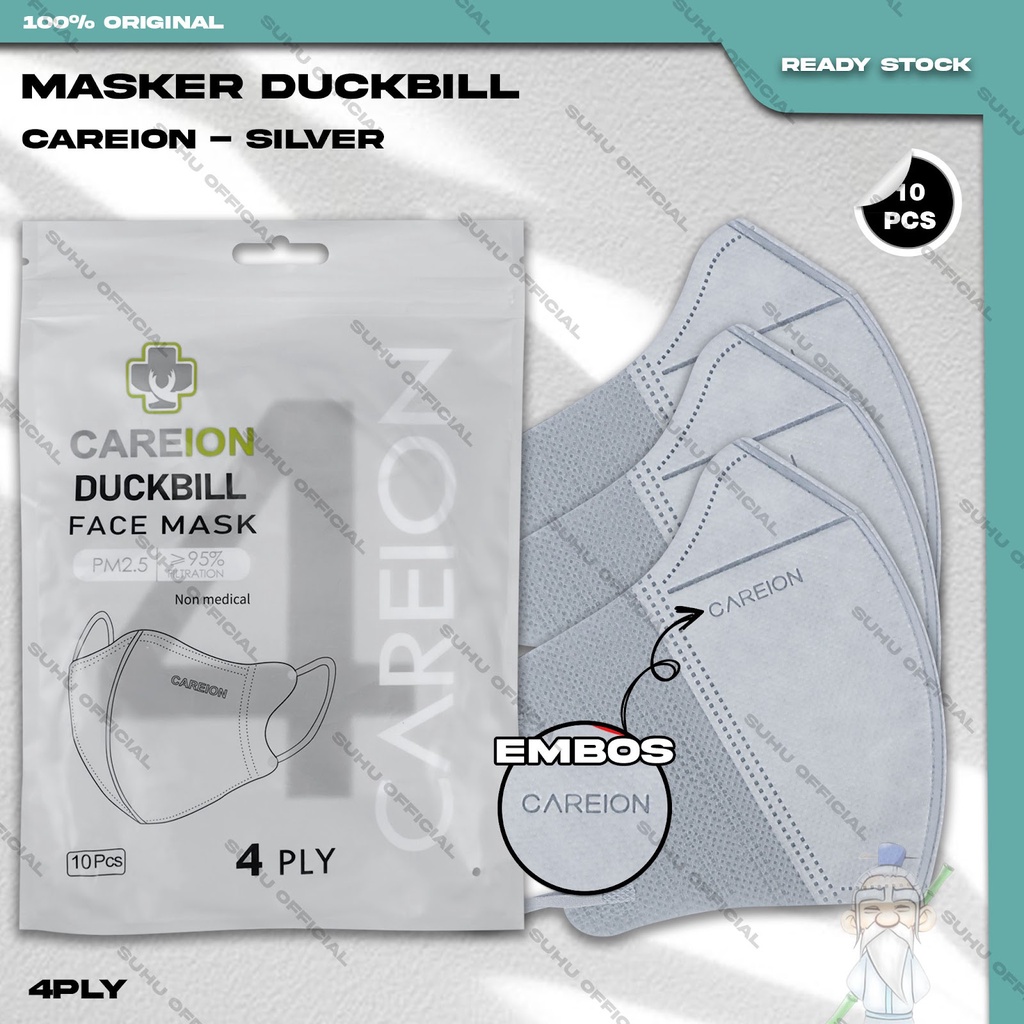 Masker Duckbil CAREION 4Ply isi 10Pcs Warna Silver Abu Muda Terang Soft Duckbill Earloop Surgical Mask Kemenkes