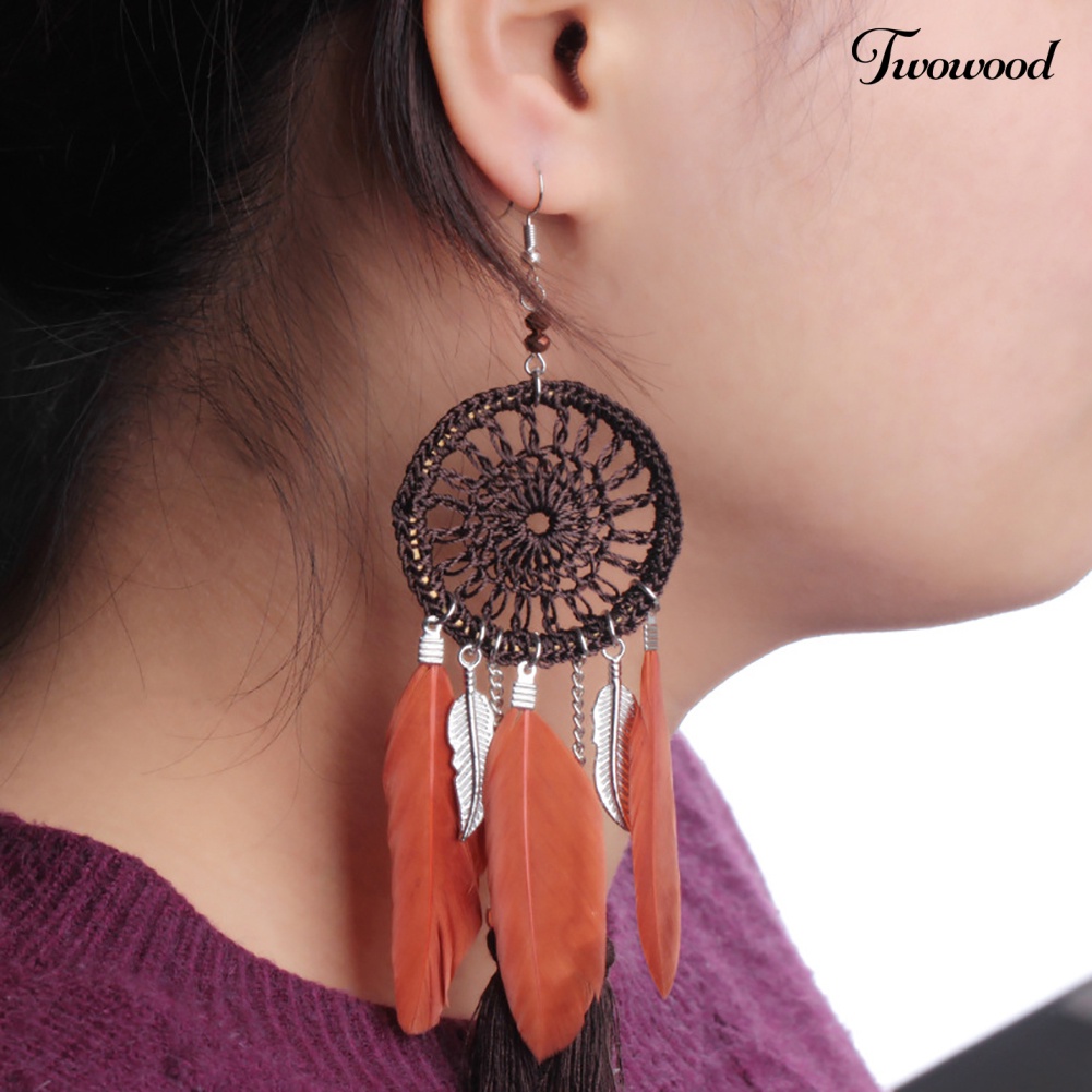 Twowood Ethnic Dream Catcher Rumbai Statement Hook Anting Juntai Panjang Wanita Perhiasan