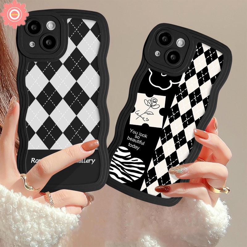 Casing Ponsel Galeri Seni Romantis Kompatibel Untuk IPhone 7Plus 11 12 13 14 Pro Max7 6s 14 8 6 Plus XR X XS Max SE 2020 Retro Checkerboard Bunga Tepi Bergelombang Lembut Tpu Penutup Belakang