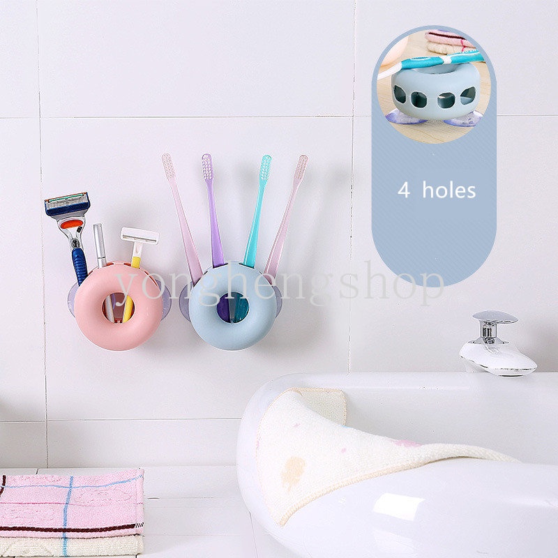 4lubang Tempat Sikat Gigi Tooth Brush Razor Rack Dengan Suction Cup Dinding Lucu Berbentuk Donat Rak Penyimpanan Organizer Kamar Mandi