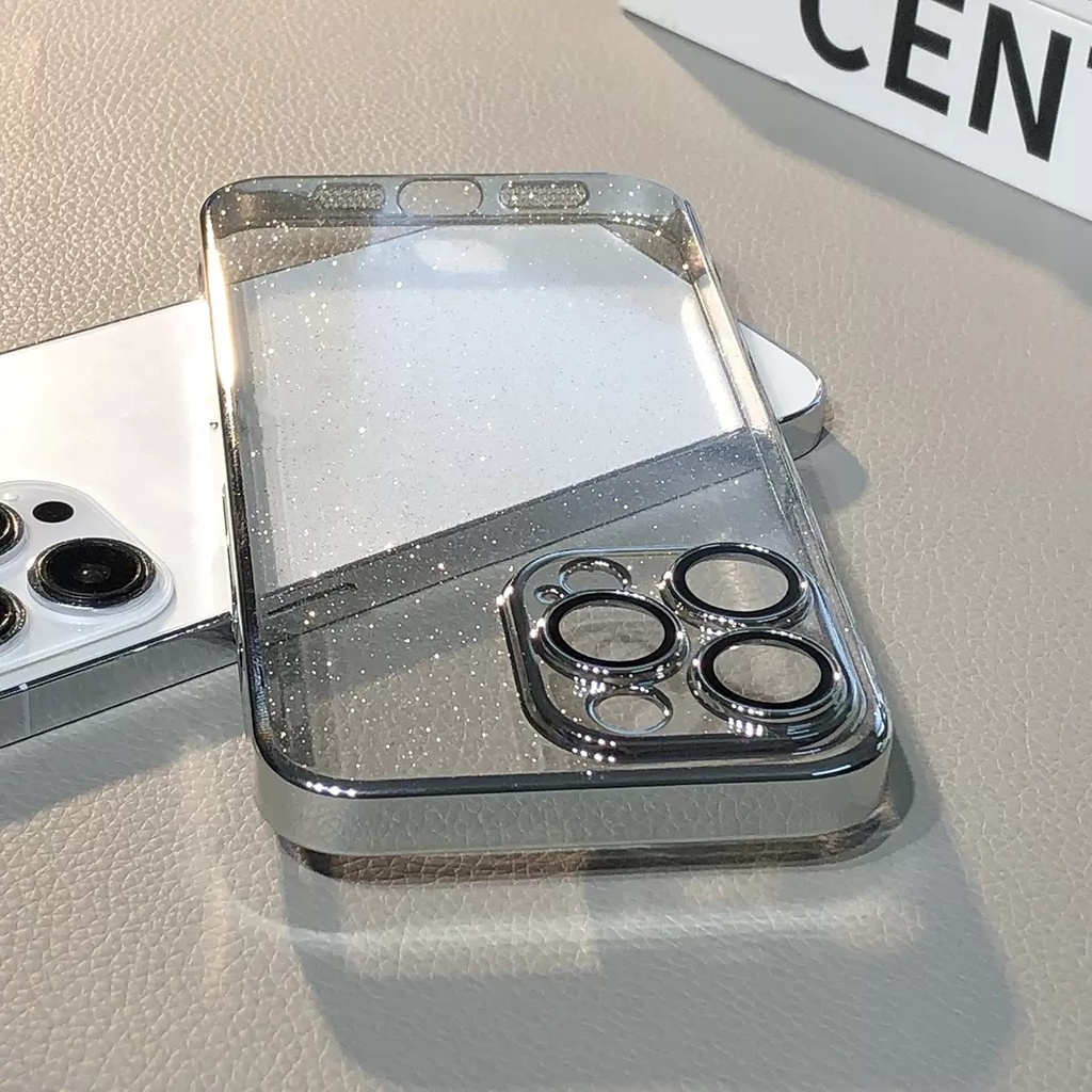 IPHONE Luxury Silver Glitter Electroplate Bumper Bling Clear Case Untuk Iphone14 13 12 Pro Max Case Dengan Lensa Film Silikon Penutup Akrilik