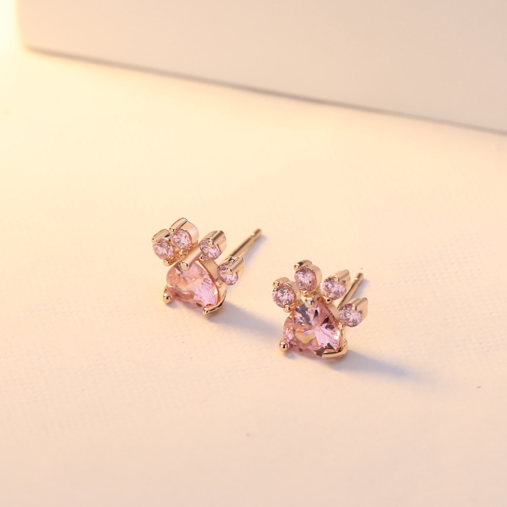 Goldkingdom Aksesoris Perhiasan Fashion Ready Stock Rose Gold plated Stud Earrings Jejak Kaki Kreatif Anting Berlian Merah Muda Anting