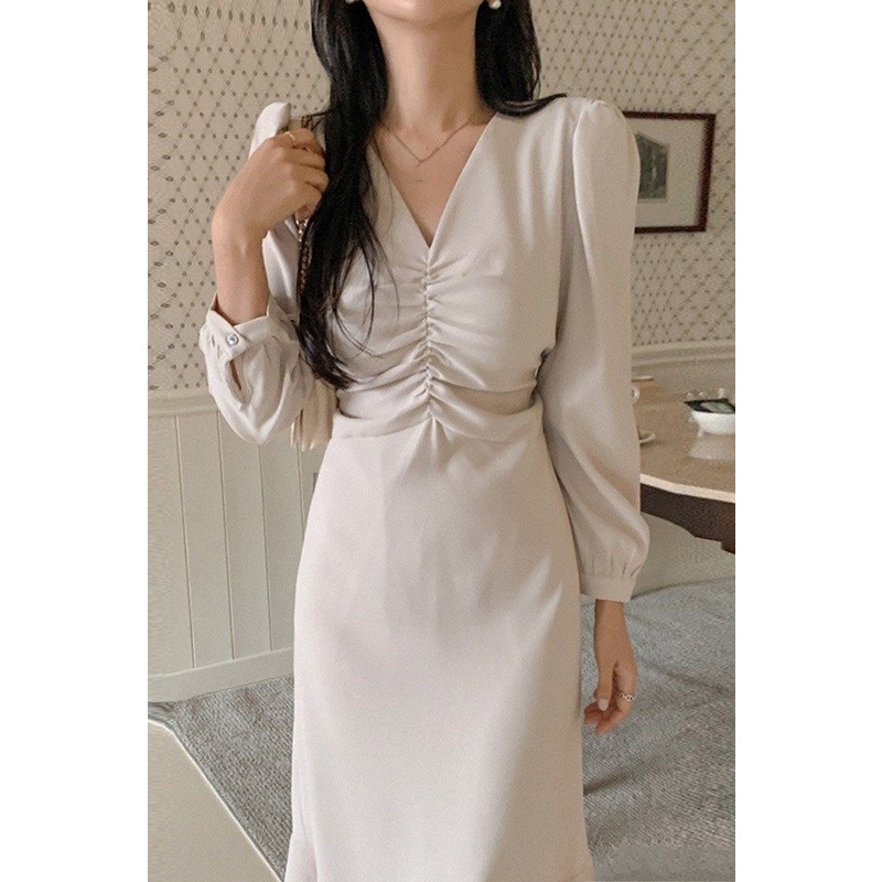 AIMEI Korea chic elegant V-neck pleated waist bubble sleeve long dresses women