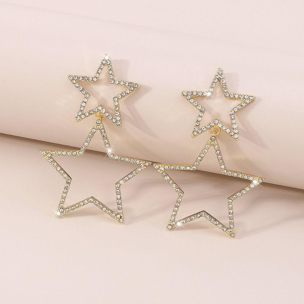 Lily Star Anting Kristal Shiny Gold Silver Anting Gantung Berlian Imitasi Menjuntai Perhiasan